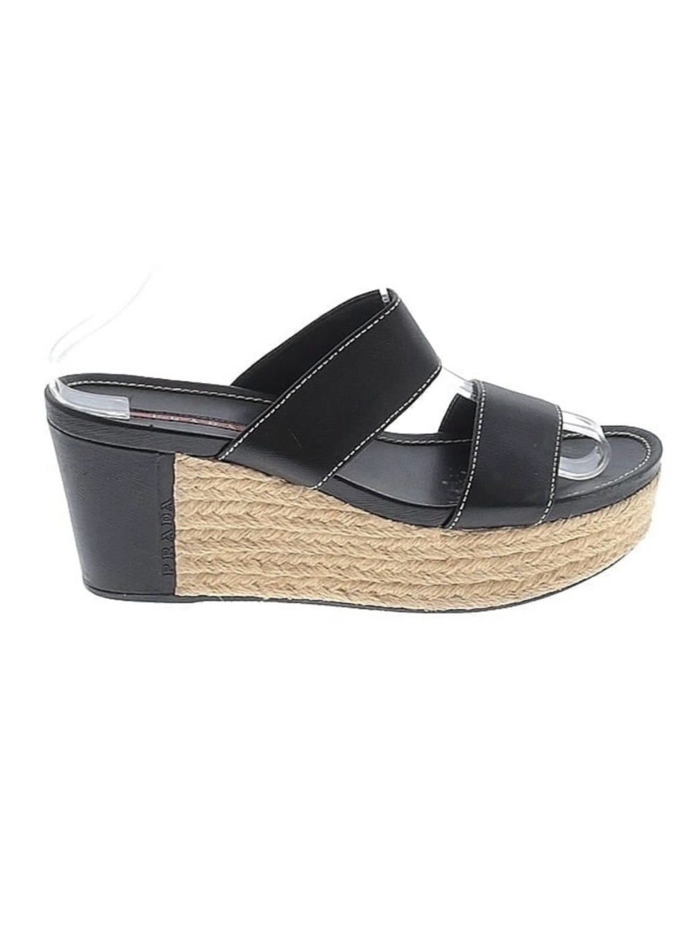 PRADA Black Leather Jute Espadrille Wedge Sandals Size 37